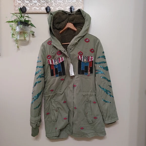 NWT Desigual Sequin Embroidered Military Hooded Jacket 2 in 1 Size 38 Small - Picture 1 of 8